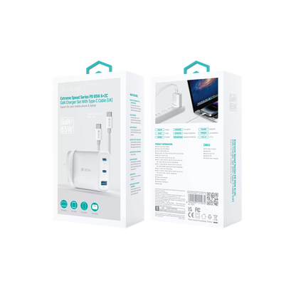 Devia - 65W GaN USB-C PD & QC4.0 3-Pin UK Mini Charging Plug & 1.5m 100W USB-C to USB-C Cable - White