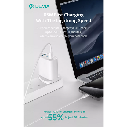Devia - 65W GaN USB-C PD & QC4.0 3-Pin UK Mini Charging Plug & 1.5m 100W USB-C to USB-C Cable - White