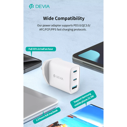 Devia - 65W GaN USB-C PD & QC4.0 3-Pin UK Mini Charging Plug & 1.5m 100W USB-C to USB-C Cable - White