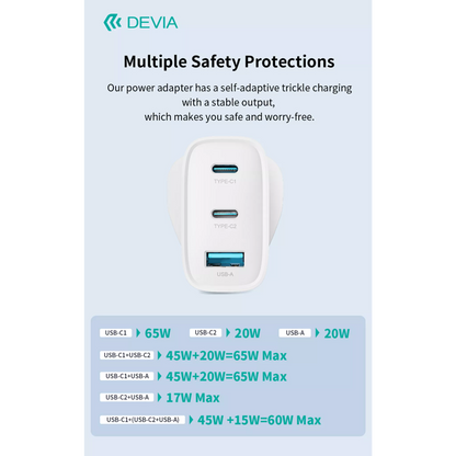 Devia - 65W GaN USB-C PD & QC4.0 3-Pin UK Mini Charging Plug & 1.5m 100W USB-C to USB-C Cable - White
