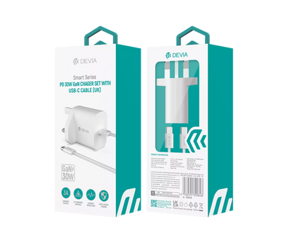 Devia - 30W GaN USB-C 3-Pin UK Charging Plug & 1.2m USB-C to USB-C Cable - White