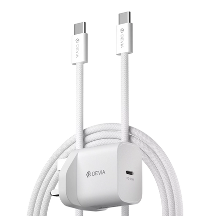 Devia - 30W GaN USB-C 3-Pin UK Charging Plug & 1.2m USB-C to USB-C Cable - White